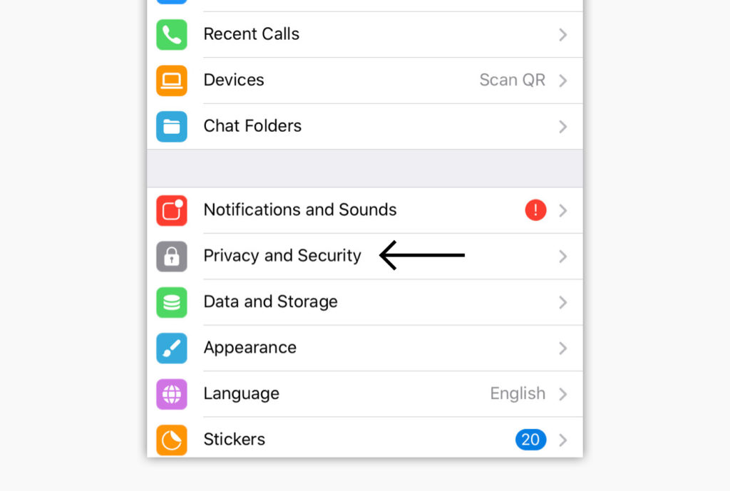 Screenshot from Telegram's settings menu.