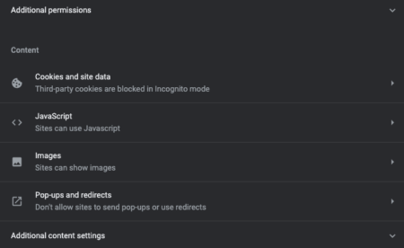 Screenshot of Google Chrome Privacy and Security Settings