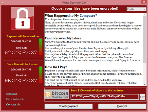 The lock screen from WannaCry, a 2017 ransomware attack that caused an estimated $4 billion in damages.