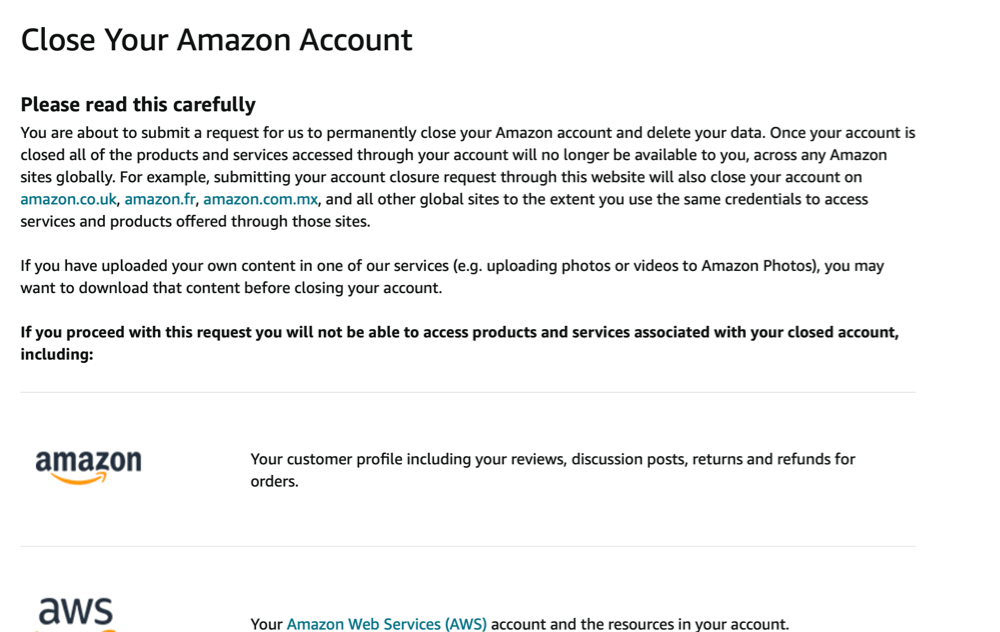 Close Your Amazon Account screen.