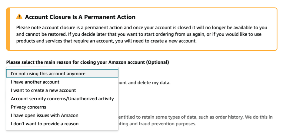 Amazon Account Closure screen.