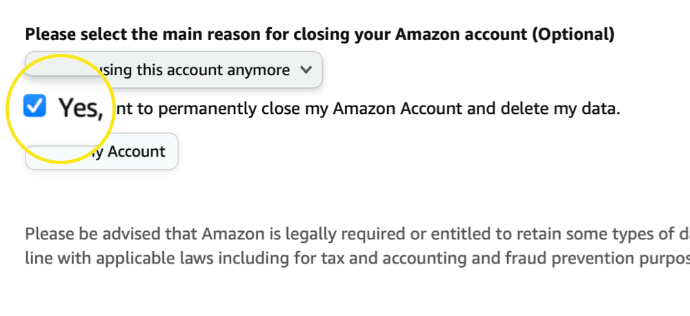 Yes, I want to permanently close my Amazon account screen.