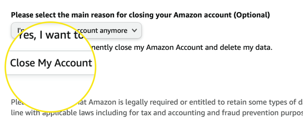 Amazon Close My Account screen.