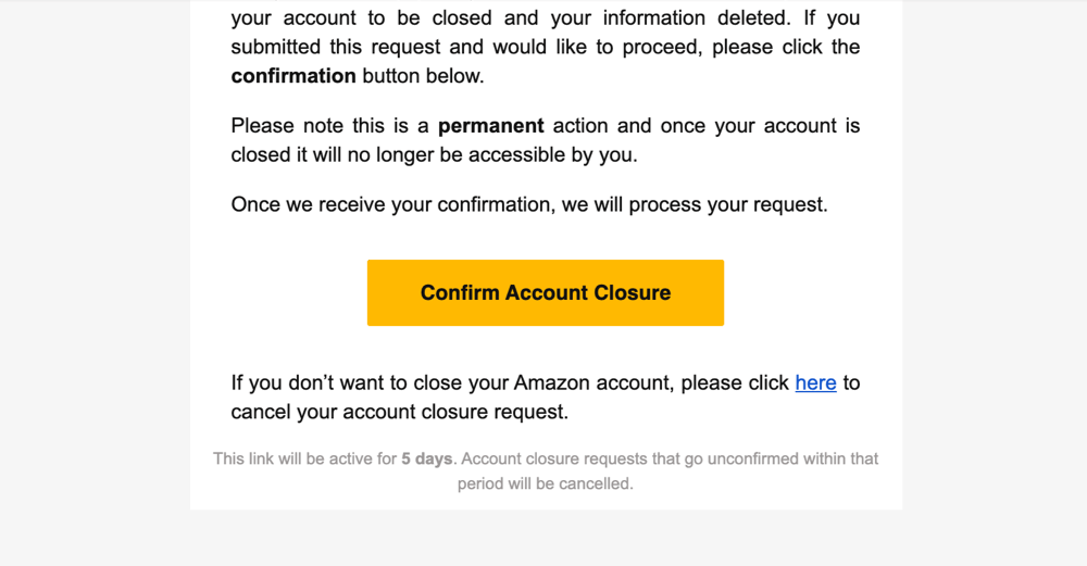 Amazon Confirm Account Closure email button.