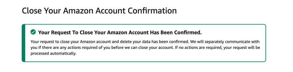 Amazon Close Your Account Confirmation screen.