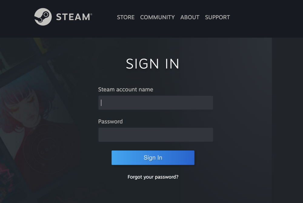 Steam sign in screen.
