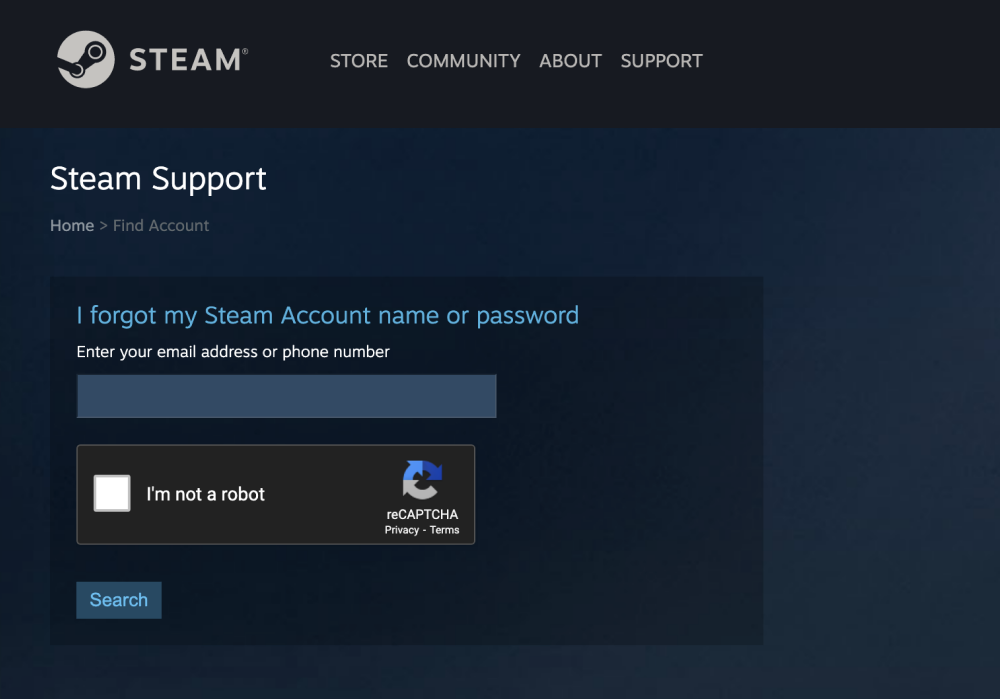 Steam forgot account or password screen.