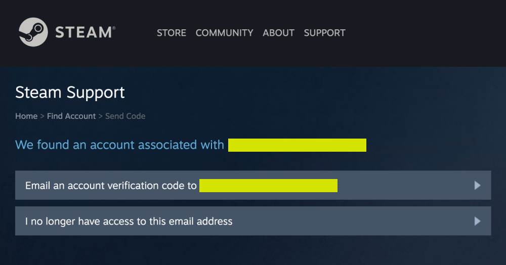 Steam send account verification screen.