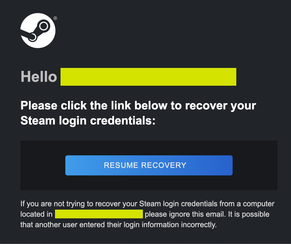 Steam recovery email screen.