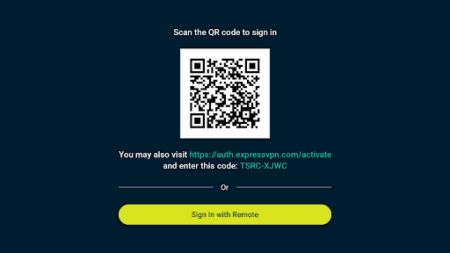 ExpressVPN Android TV VPN app QR code sign-in method.