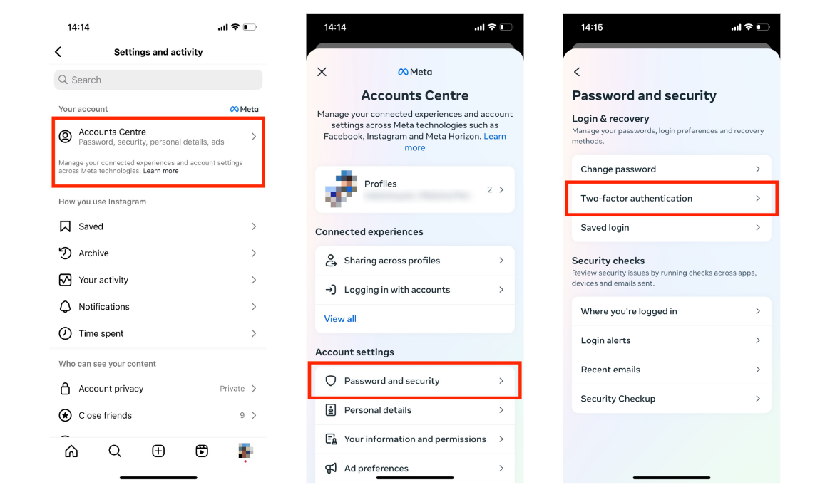A step-by-step overview of where to find Instagram's two-factor authentication settings.