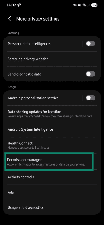 Permission Manager menu in Android settings.