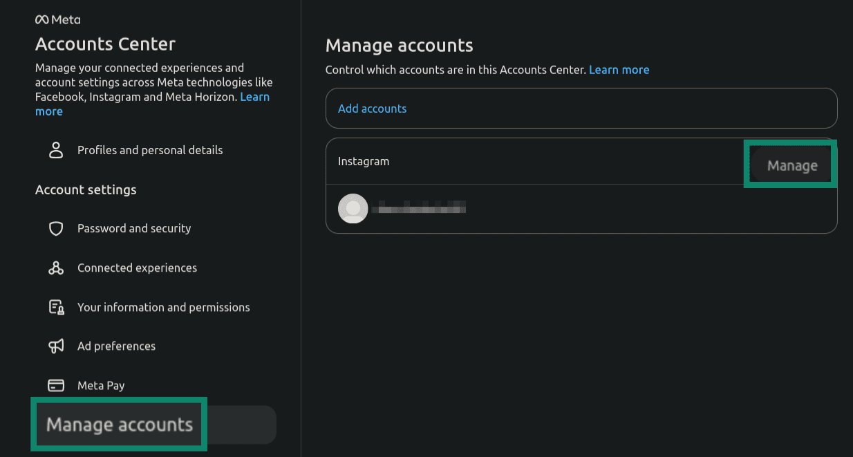 "Manage accounts" options highlighted in the Accounts Center.