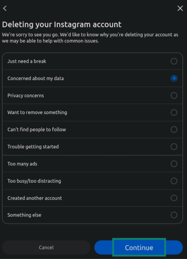 "Continue" option highlighted in the Instagram deletion settings.