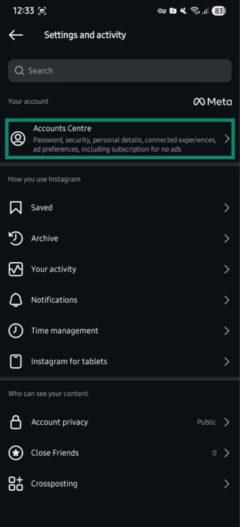 "Accounts Centre" option highlighted in the Instagram app.