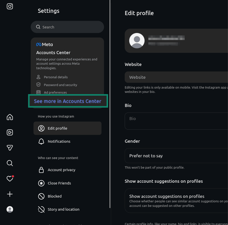 "See more in Accounts Center" option highlighted in the Instagram settings.