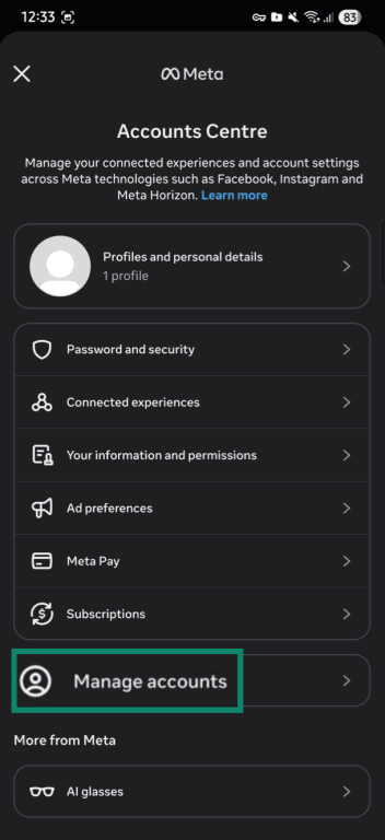 "Manage accounts" option highlighted in the Instagram app.