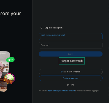 "Forgot password" button highlighted on the Instagram login page.