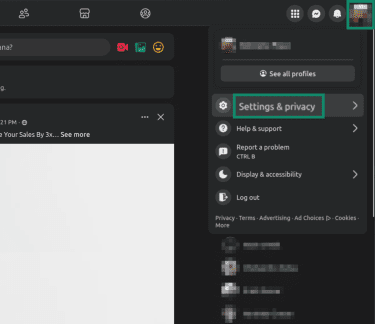 "Settings & privacy" option highlighted on Facebook.