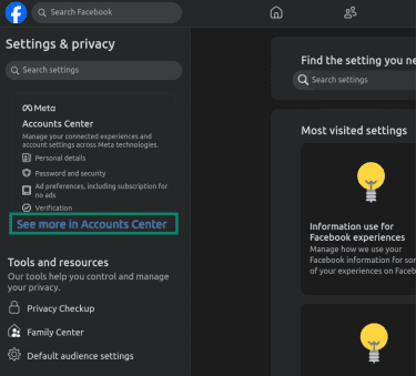 "See more in Accounts Center" option highlighted in the Facebook settings.