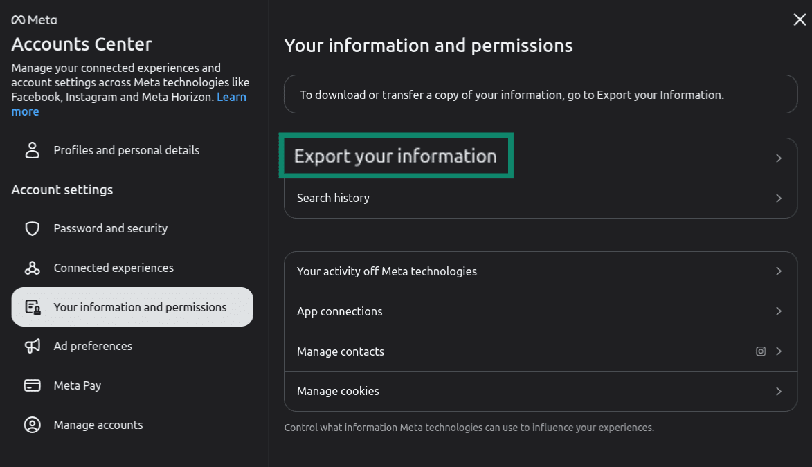"Export your information" option highlighted in the Meta Accounts Center.