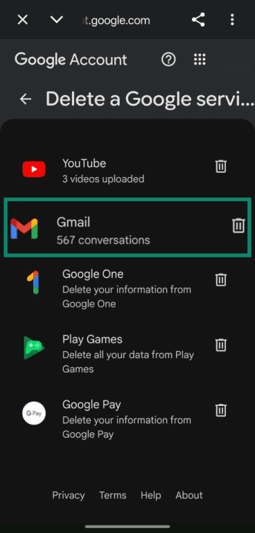 Gmail listed under Delete a service options on the Google Account.