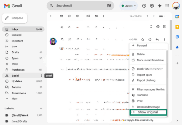 The Gmail email menu is open and Show Original is highlighted.