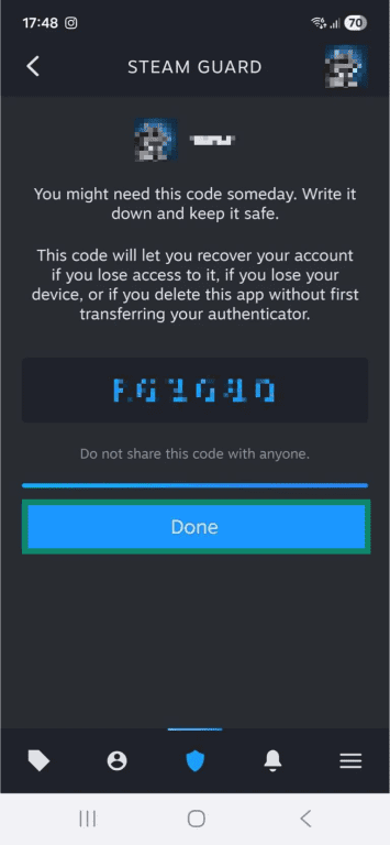 A Steam Guard recovery code window on the Steam Mobile Android app. The "Done" button is highlighted.
