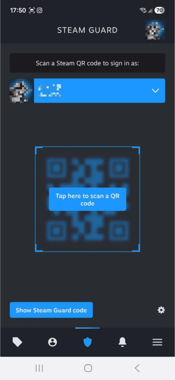 The Steam Guard tab on the Steam Mobile Android app, showing that the authenticator feature is enabled.