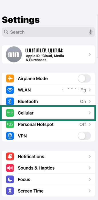 Apple iPhone Settings App showing the Cellular option.