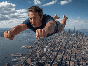 Ai art in the photorealstic style showing man in his 40s flying over the city.