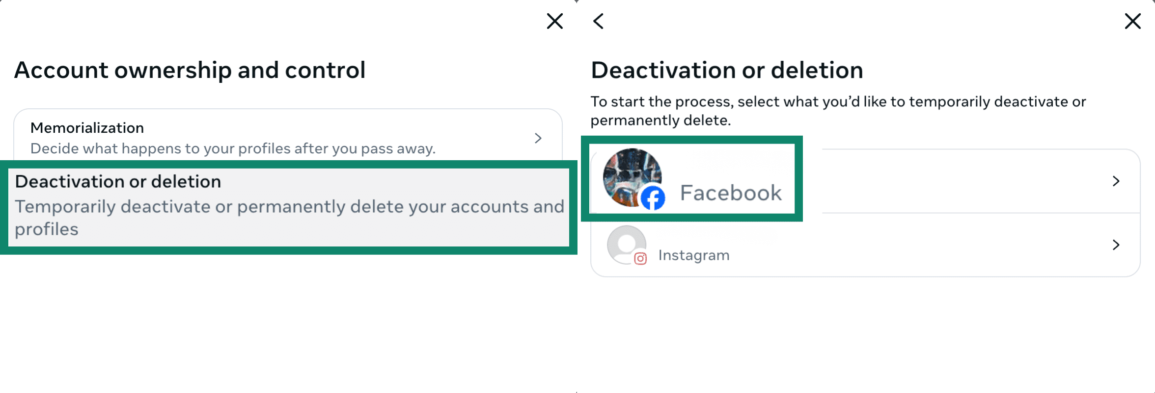 Liste des comptes Meta associés dans le menu Désactivation ou Suppression de Facebook.