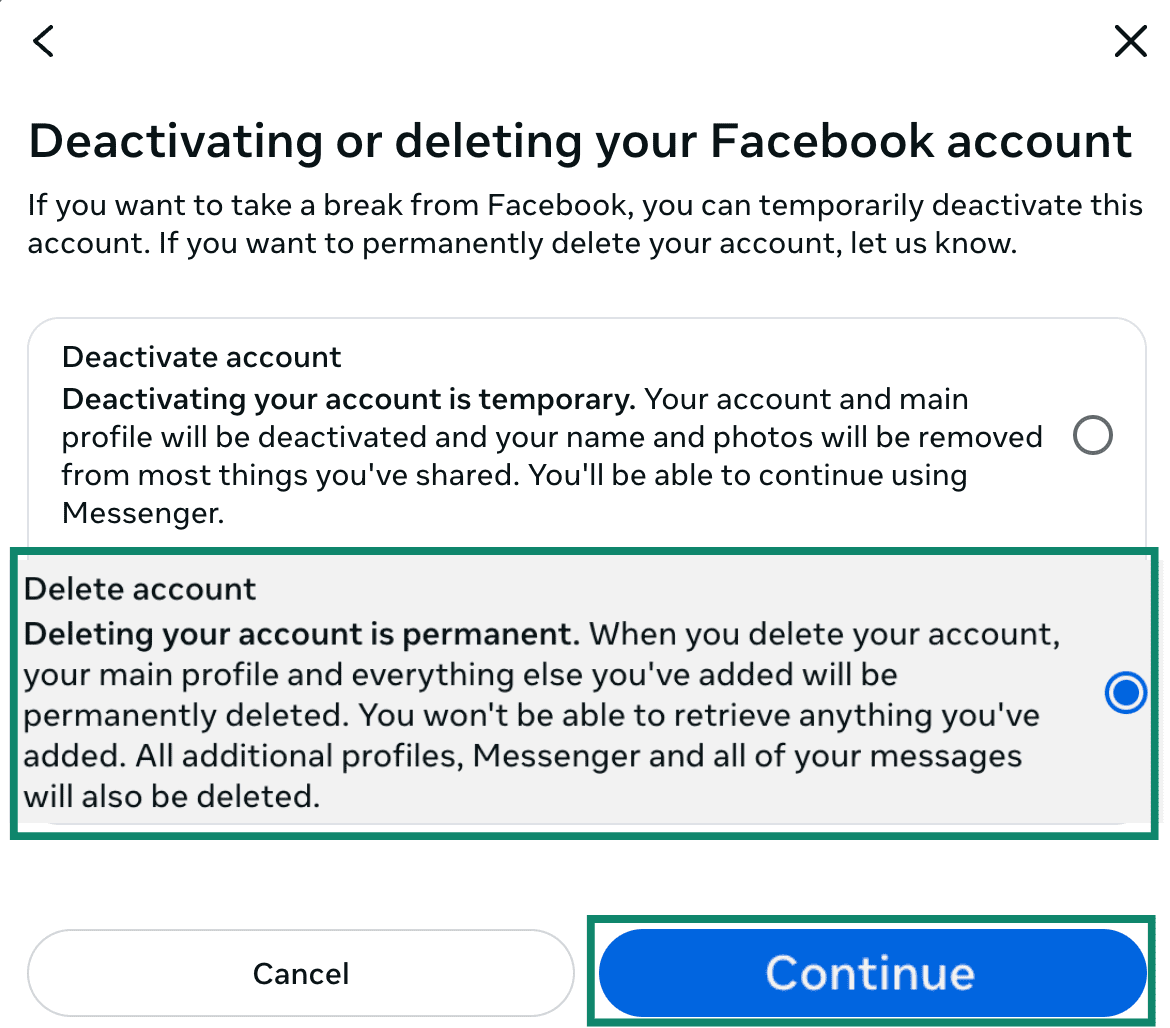 Option Supprimer le compte dans les paramètres de Facebook.
