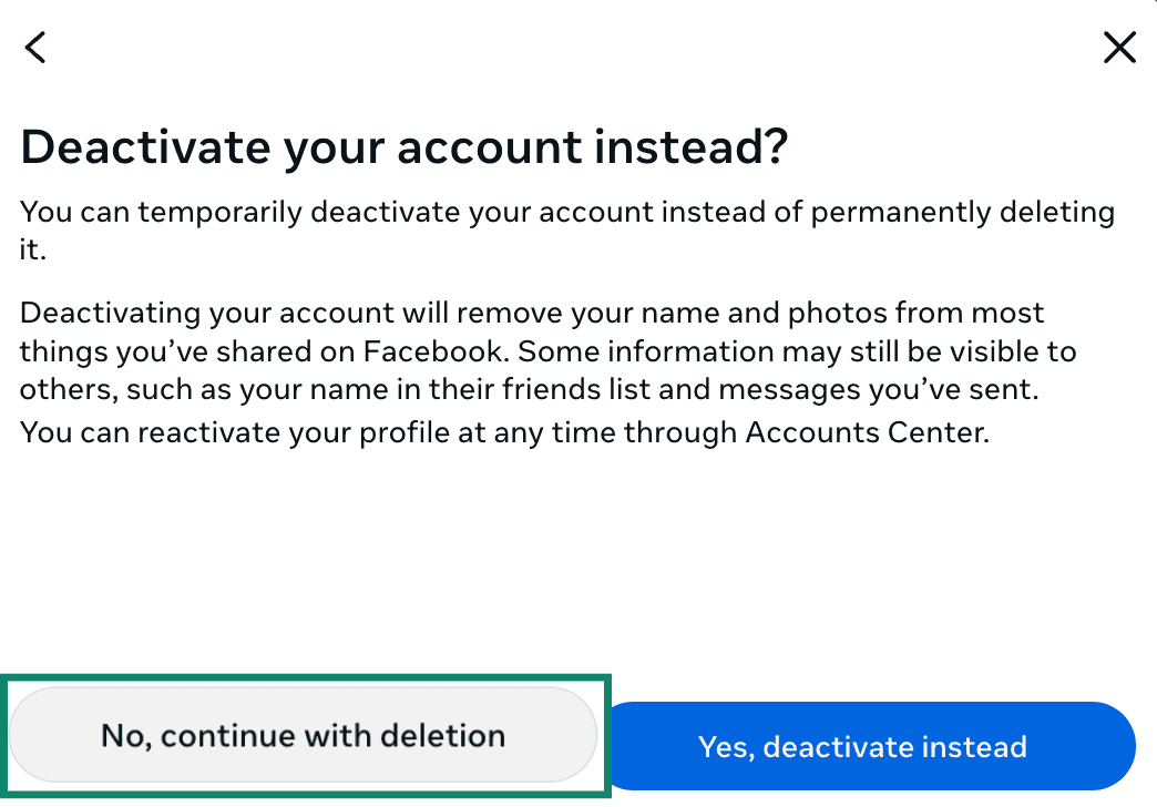 Fenêtre de confirmation de la suppression d’un compte Facebook.