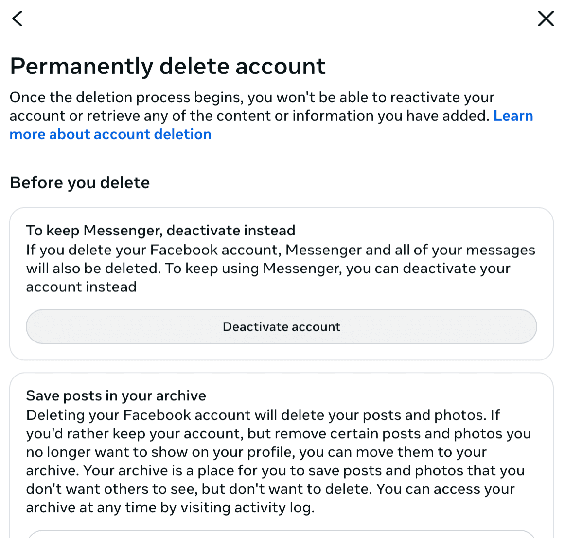 Fenêtre de suppression définitive du compte Facebook.