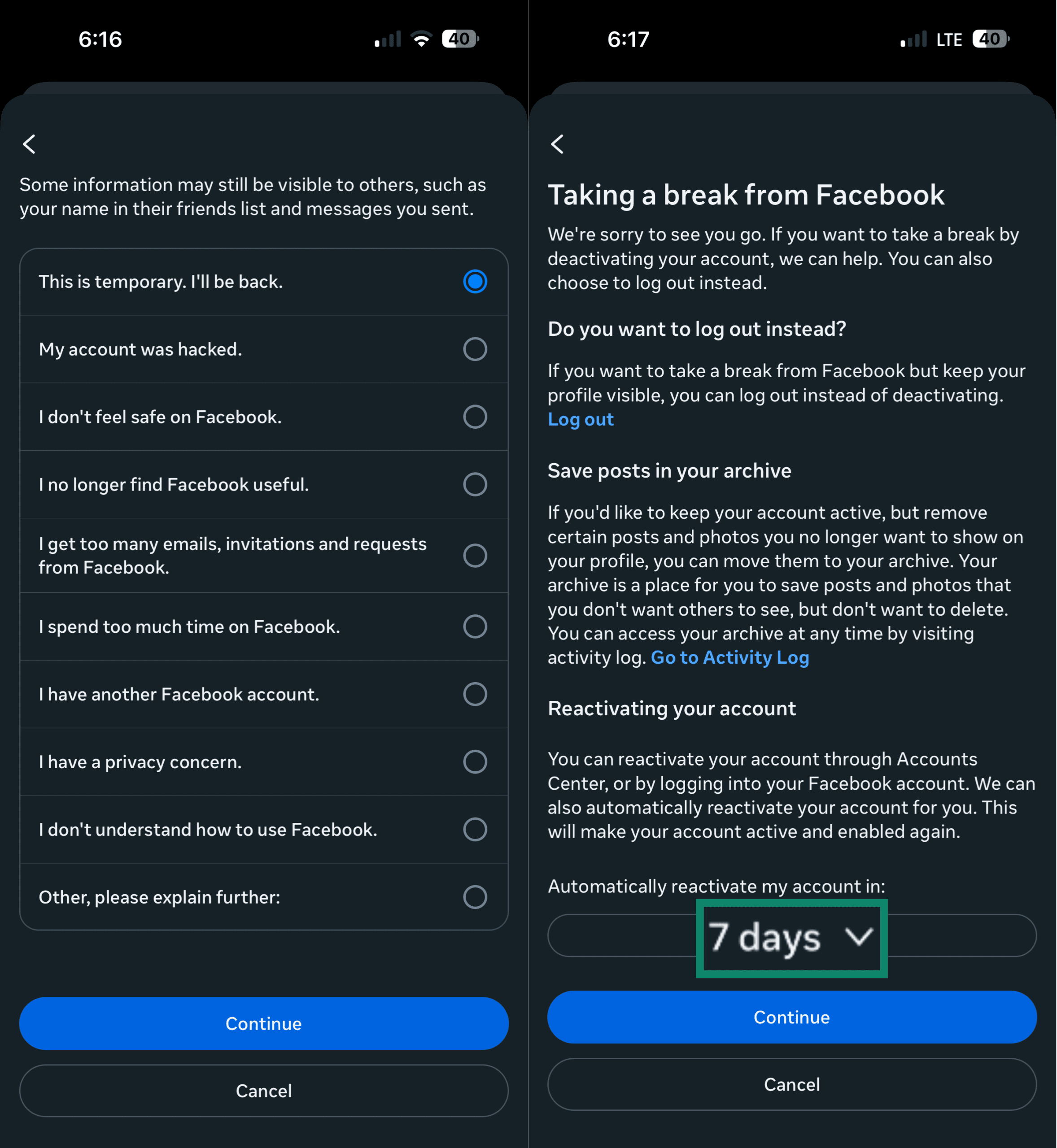 Désactivation d’un compte Facebook via l’application Messenger, avec une réactivation automatique prévue dans 7 jours.