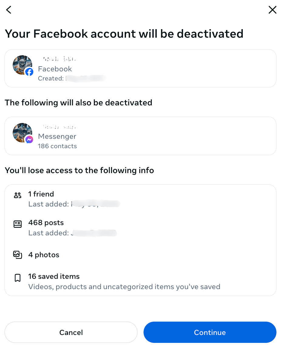Page de désactivation de votre compte Facebook.