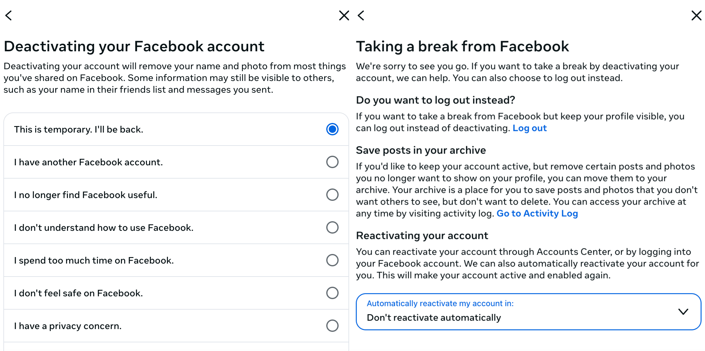 Facebook demande la raison de la désactivation du compte et propose une option de réactivation automatique.
