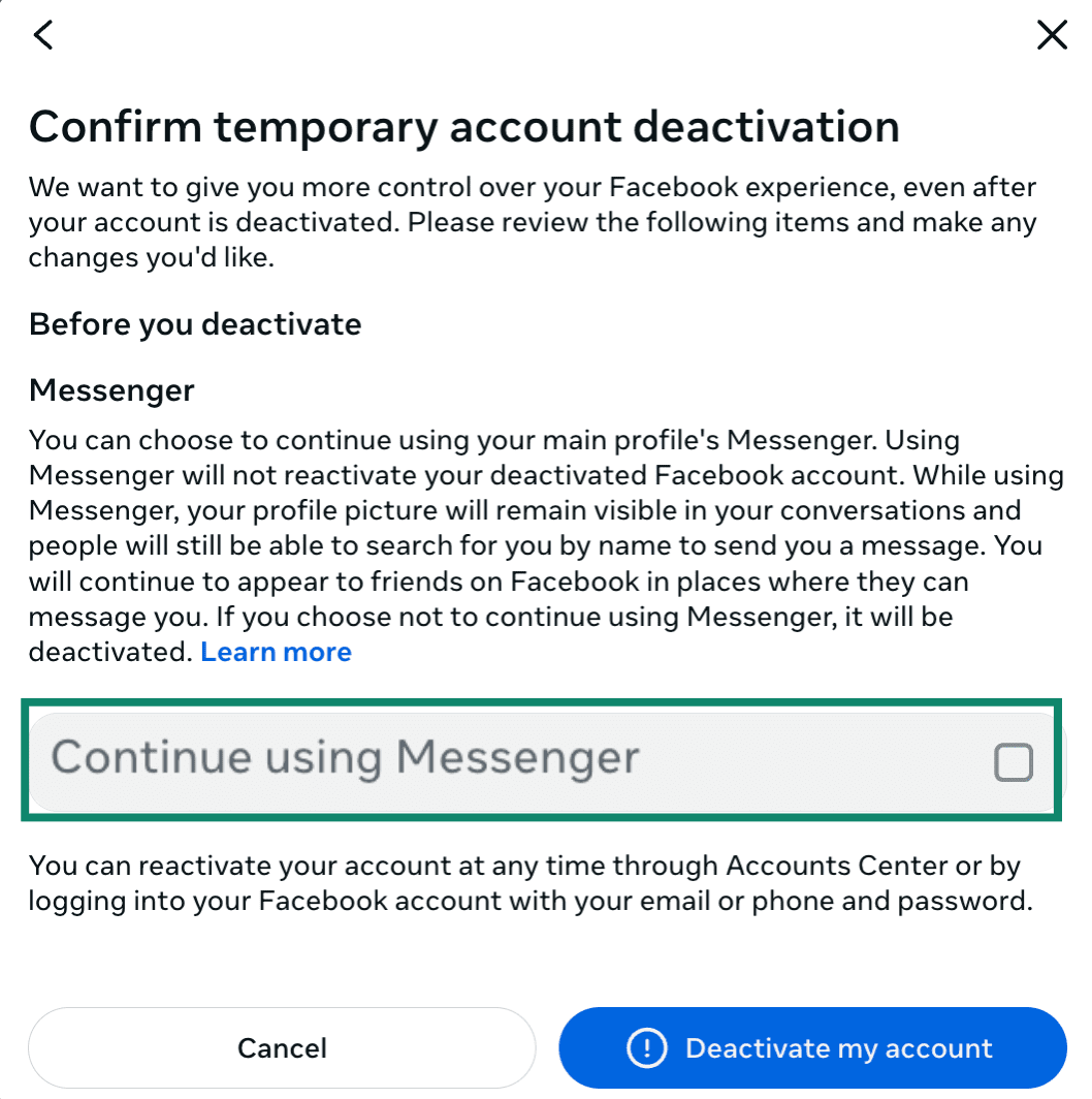 Facebook confirme la désactivation d’un compte Facebook.