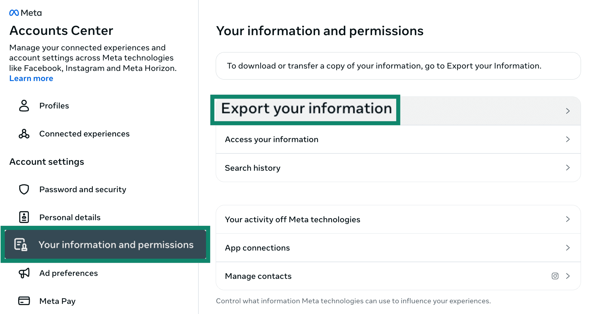 Outil d’exportation de vos informations sur un compte Facebook accessible via le site web.