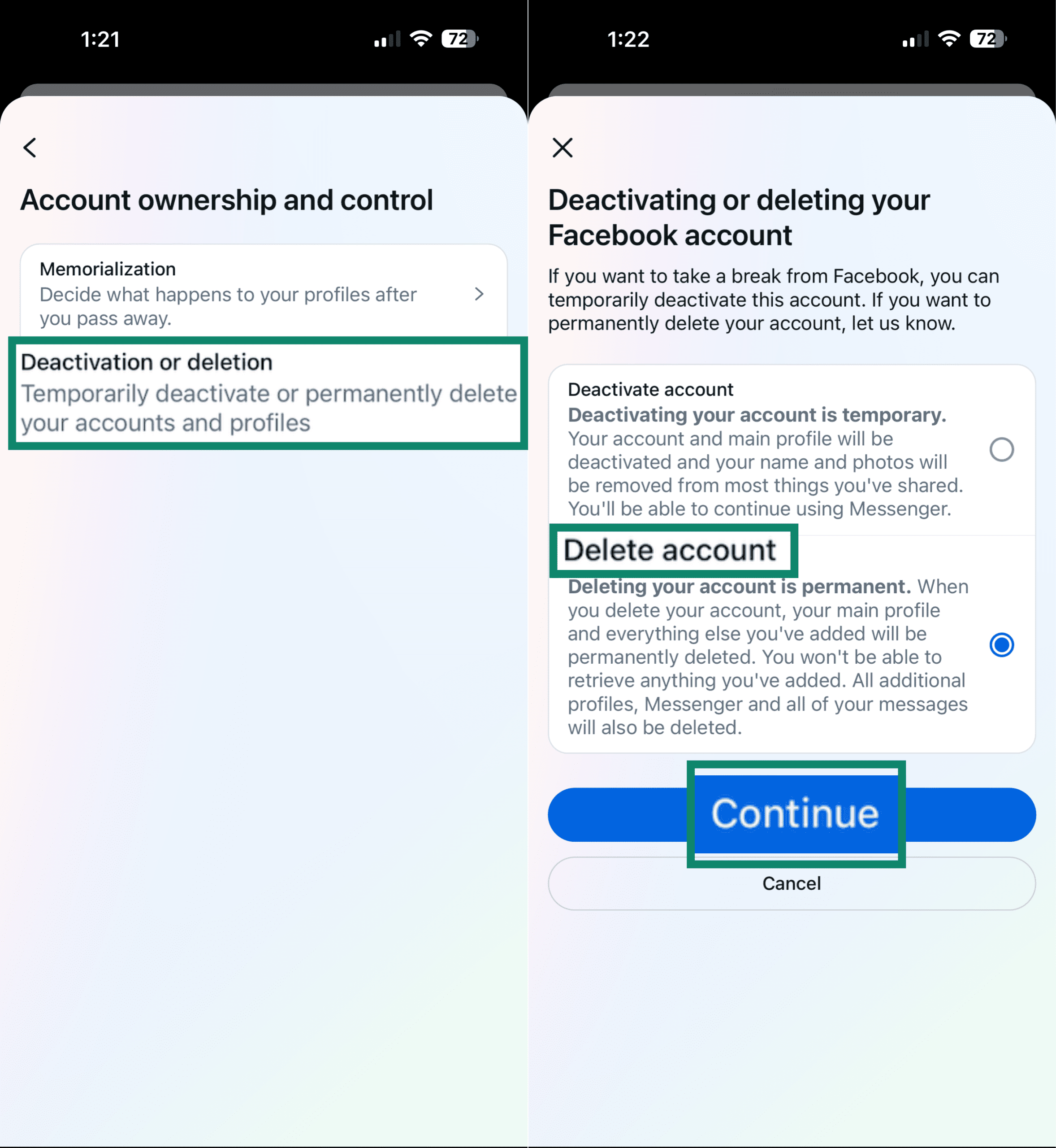 Option de suppression du compte Facebook.