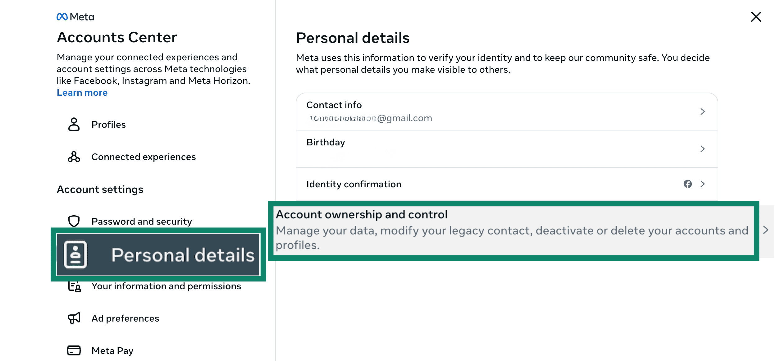 L’onglet Informations personnelles de Facebook contenant les paramètres relatifs à la propriété et au contrôle du compte.