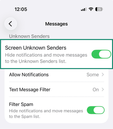 iPhone Messages settings with Screen Unknown Senders highlighted.