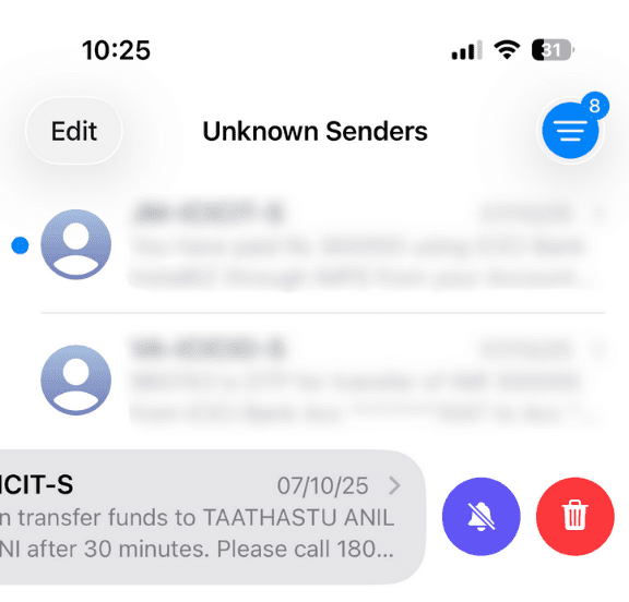iPhone Messages swipe options, including the red delete icon.