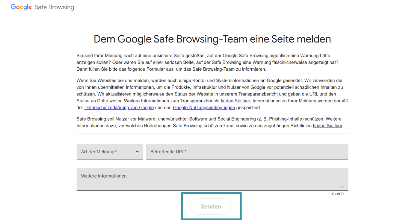 A visual guide detailing the required fields for reporting a website to Google Safe Browsing.