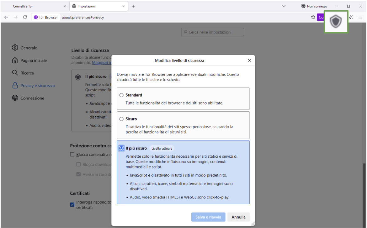 Tor browser Privacy & Security settings window with the Safest security level highlighted.