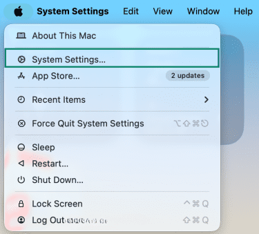 Mac's "System Settings" button highlighted in the menu.