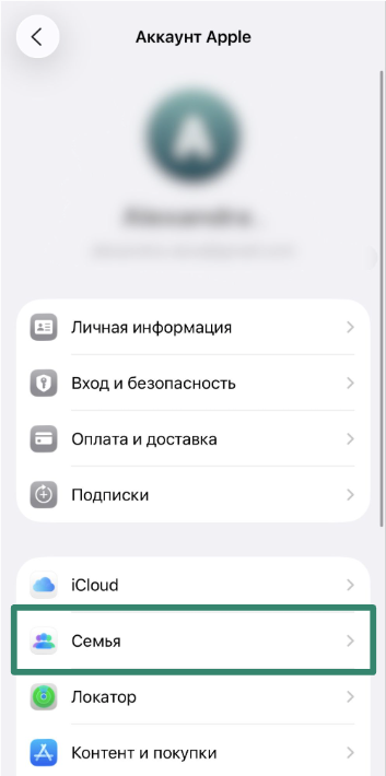 Family menu option shown under Apple ID in iPhone Settings.