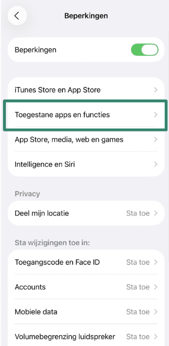 Allowed Apps & Features menu in parental controls.