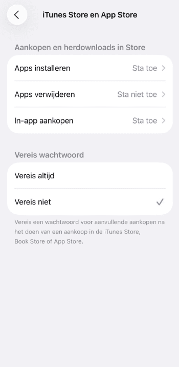 iTunes & App Store settings with app deletion disabled.